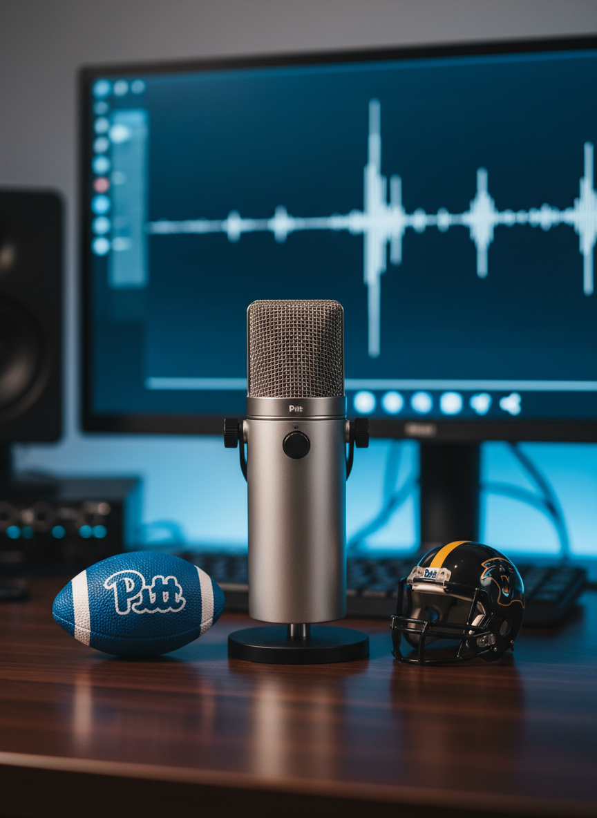 A sleek, modern podcast microphone with a brushed metal body and black mesh grille stands prominently on a dark wooden desk, flanked by a small foam football in Pitt blue and a miniature black-and-gold helmet. Behind it, a large computer monitor displays an out-of-focus audio editing waveform and subtle icons suggesting video playback and social sharing. Soft, diffused studio lighting from the front creates gentle highlights on the microphone and desk, with a cool blue accent glow from the monitor. Photographic realism, shot at eye level with a shallow depth of field that blurs the background gear, conveying a professional yet fan-centric atmosphere perfect for a Pittsburgh football podcast homepage hero image.