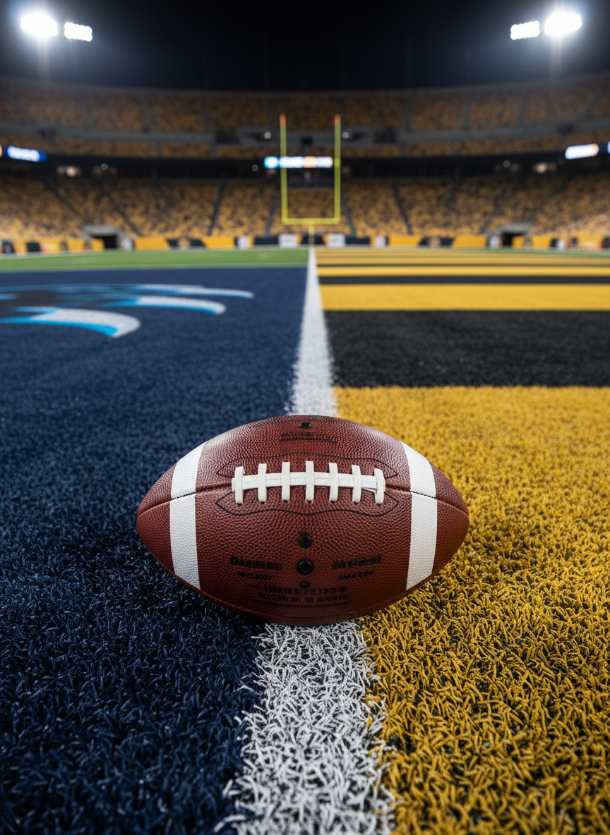 A close-up, photographic shot of a detailed American football resting on a turf field split diagonally into two distinct end zones: one in deep navy with subtle panther claw marks, the other in black and gold stripes. The textured leather and white laces of the football are in razor-sharp focus, with tiny rubber turf pellets visible around it. Stadium lights cast a bright, even glow from above, creating crisp highlights on the ball and vivid color contrast between the two halves of the field. Captured from a low, sideline-level angle with a shallow depth of field that gently blurs the distant goalposts, the mood is intense and competitive, symbolizing the dual focus on Pitt Panthers and Steelers football.