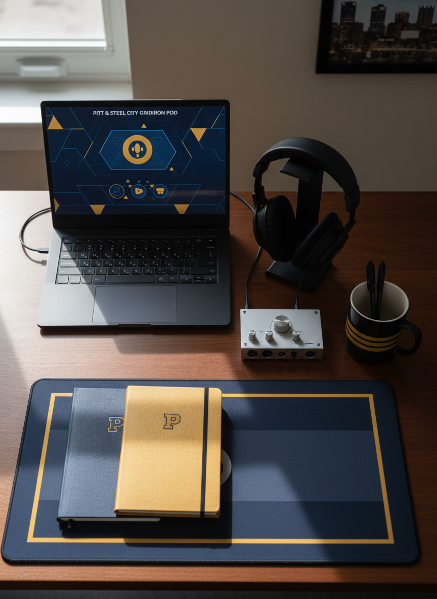 An overhead, photographic view of a neatly organized podcast production desk themed around Pittsburgh football. A dark matte laptop screen shows an abstracted podcast player interface, surrounded by over-ear headphones, a compact audio interface, and two neatly stacked notebooks in deep navy and gold. A stylized, text-free graphic of a football field with subtle Pitt Panthers and Steelers color accents is printed on a mouse pad. Soft afternoon window light from the left creates clean, minimal shadows and a calm, focused mood. The composition follows the rule of thirds with crisp detail and a clean, modern aesthetic, emphasizing easy content discovery and organized coverage of both college and pro football.