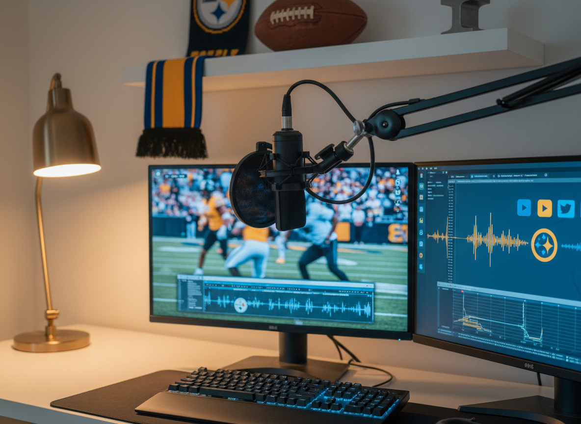 A photographic scene inside a minimalist home recording setup dedicated to Pittsburgh football analysis. A sturdy black boom arm suspends a studio microphone over a keyboard, while a dual-monitor setup shows a blurred mix of a football game replay, a waveform timeline, and abstract social media icons, all in a cohesive blue, gold, and black palette. A shelf in the background holds neatly arranged, text-free memorabilia: a striped scarf, a vintage leather football, and a small steel beam sculpture. Warm desk lamp light combines with cool monitor glow to create balanced, professional lighting. Shot from a three-quarter angle, the composition has moderate depth of field, evoking a focused, analytical yet passionate environment for in-depth podcast episodes and video breakdowns.